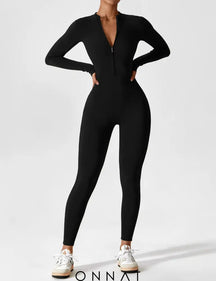 Onnat Long Sleeve/ Short Sleeve Zipper Jumpsuit / Black S Jumpsuits