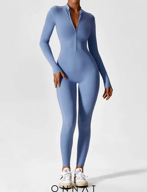 Onnat Long Sleeve/ Short Sleeve Zipper Jumpsuit / Blue S Jumpsuits