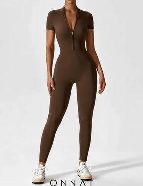 Onnat Long Sleeve/ Short Sleeve Zipper Jumpsuit / Coffee S Jumpsuits