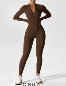 Onnat Long Sleeve/ Short Sleeve Zipper Jumpsuit / Coffee S Jumpsuits