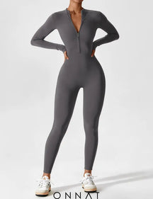 Onnat Long Sleeve/ Short Sleeve Zipper Jumpsuit / Grey S Jumpsuits