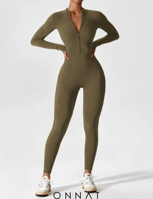 Onnat Long Sleeve/ Short Sleeve Zipper Jumpsuit / Olive Green S Jumpsuits