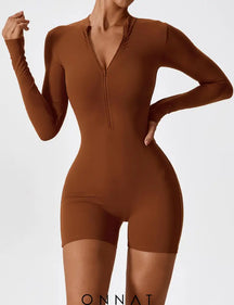 Onnat Long Sleeve Zipper Romper Brown / S Jumpsuits