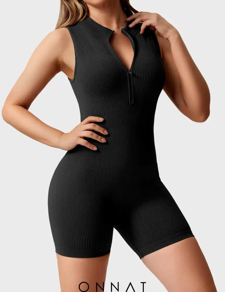 Onnat Rachel Ribbed Seamless Romper Black / S Jumpsuits