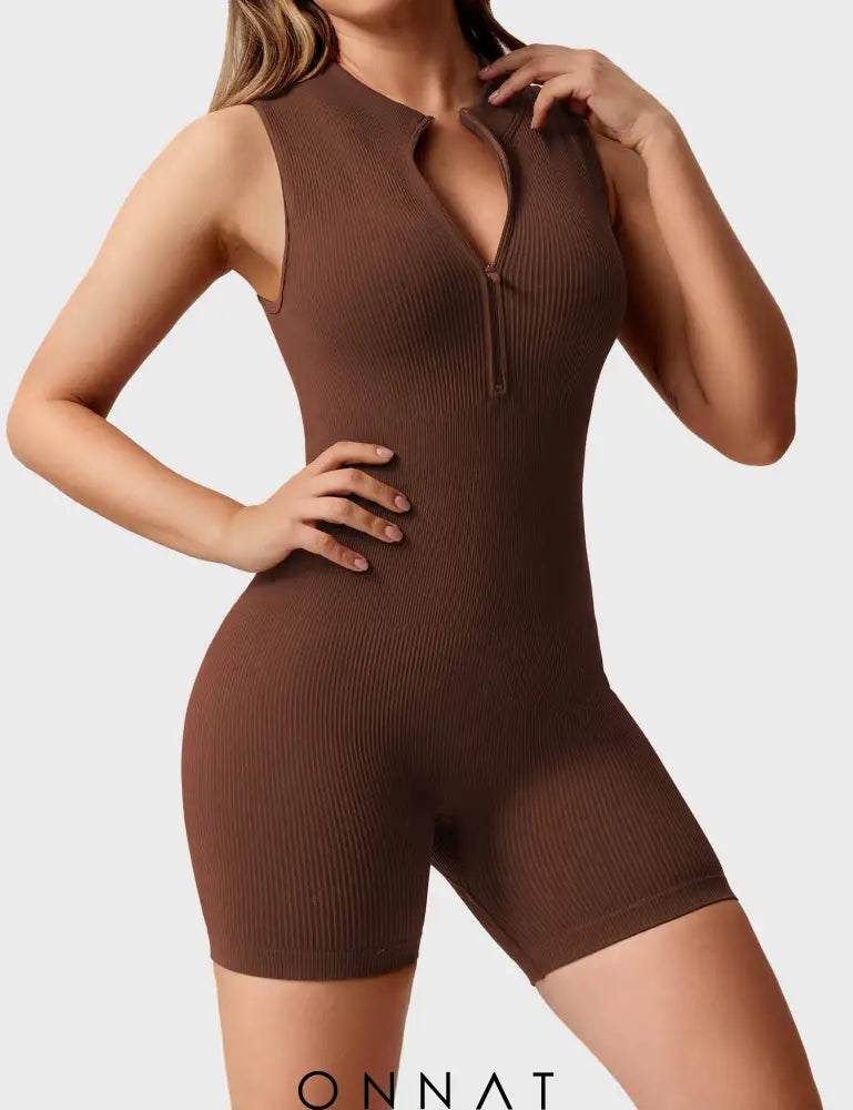 Onnat Rachel Ribbed Seamless Romper Coffee / S Jumpsuits