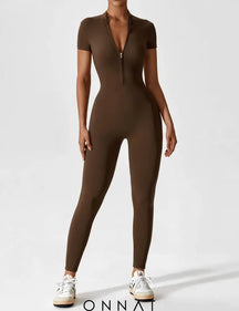 Onnat Short Sleeve Zipper Jumpsuit Coffee / S Jumpsuits