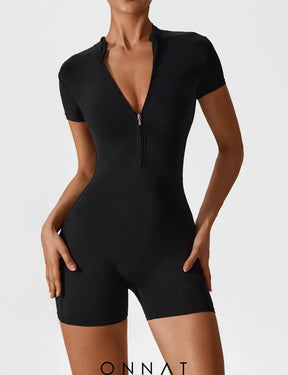 Onnat Short Sleeve Zipper Romper Black / S Jumpsuits