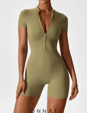 Onnat Short Sleeve Zipper Romper Green / S Jumpsuits