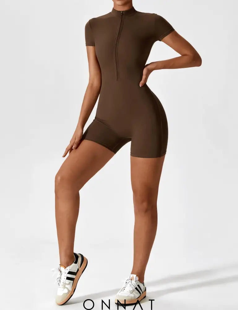 Onnat Short Sleeve Zipper Romper Jumpsuits