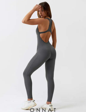 Onnat U-Neck One-Piece Backless Jumpsuit Grey / S Jumpsuits