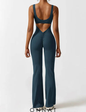 Onnat V-Back Flared Jumpsuit Blue Green / Xs Jumpsuits