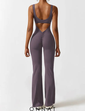 Onnat V-Back Flared Jumpsuit Purple Grey / Xs Jumpsuits