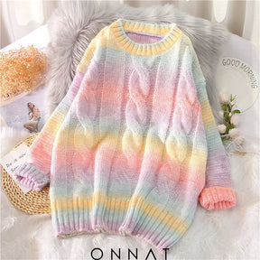 Pastel Rainbow Cabel Knit Sweater One Size / Pink Sweaters & Cardigans