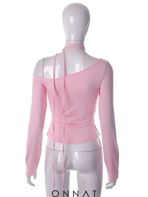 Pink Long Sleeve Strap Tie Around Top Shirts