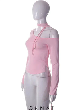 Pink Long Sleeve Strap Tie Around Top Shirts