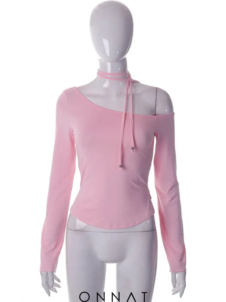 Pink Long Sleeve Strap Tie Around Top Shirts