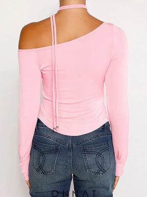 Pink Long Sleeve Strap Tie Around Top Shirts