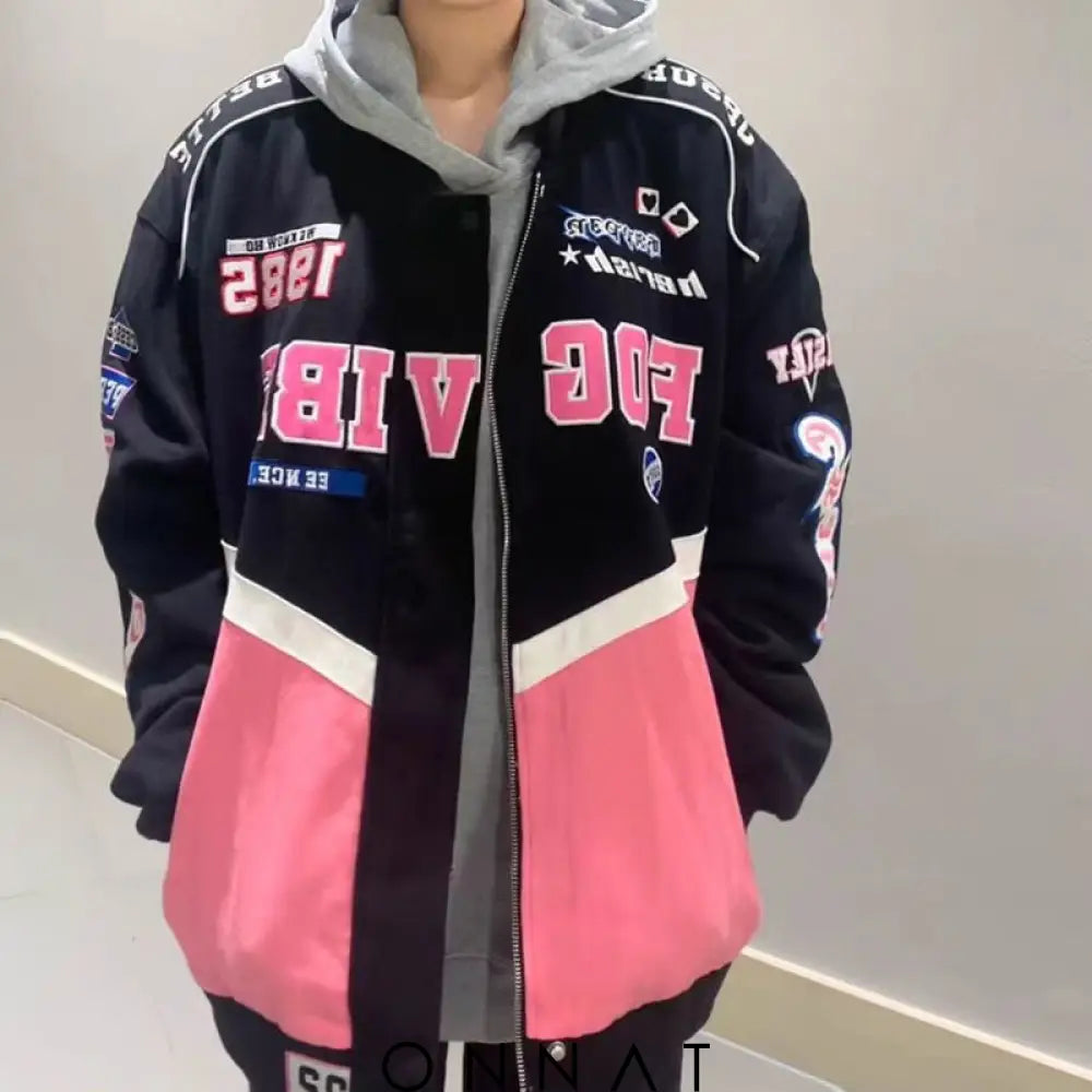 Pink N Black Graphic Bomber Jacket Coats & Jackets