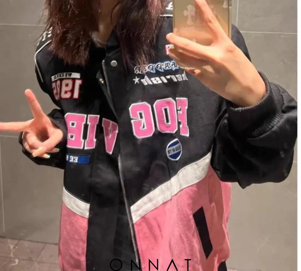 Pink N Black Graphic Bomber Jacket Coats & Jackets