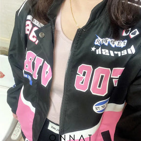 Pink N Black Graphic Bomber Jacket Coats & Jackets