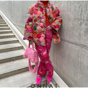 Pink Printed Padded Jacket Coats & Jackets