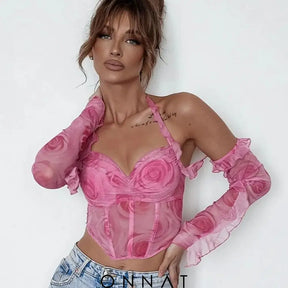 Pink Rose Print Frill Corset Top Shirts