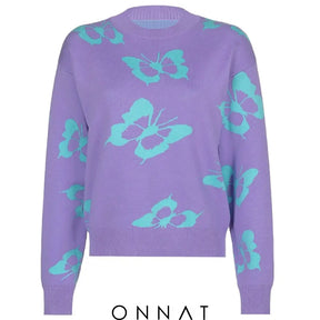 Purple Butterfly Print Sweater M / Violet Sweaters & Cardigans