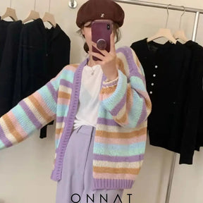 Rainbow Striped Cardigan Purple / S Coats & Jackets