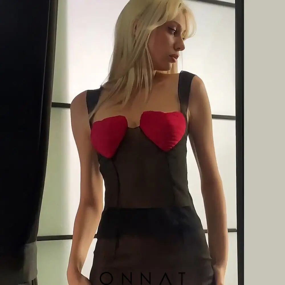 Red Heart Bustier Black Mesh Top Shirts