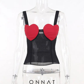 Red Heart Bustier Black Mesh Top Shirts