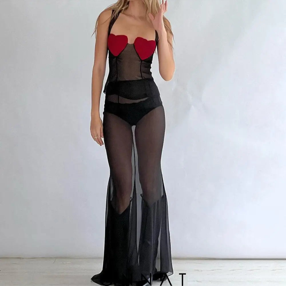 Red Heart Bustier Black Mesh Top Shirts