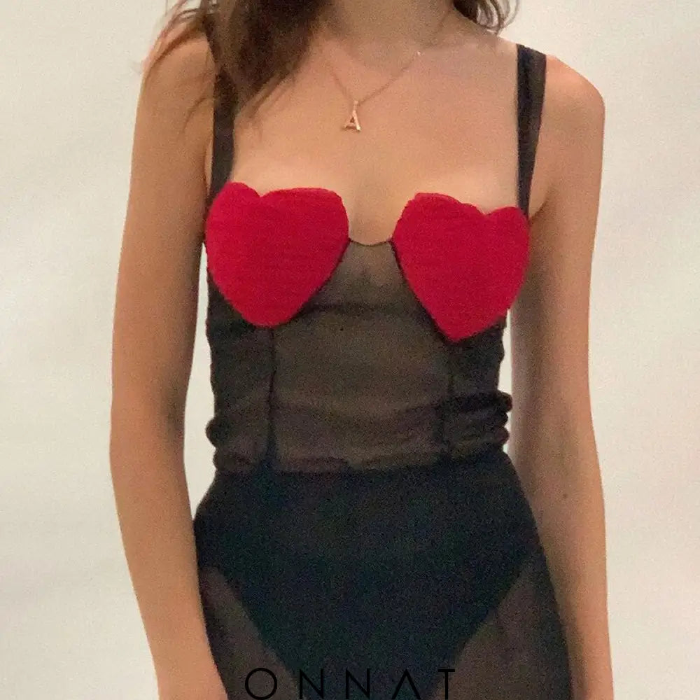 Red Heart Bustier Black Mesh Top Shirts