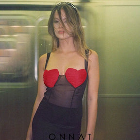 Red Heart Bustier Black Mesh Top Shirts