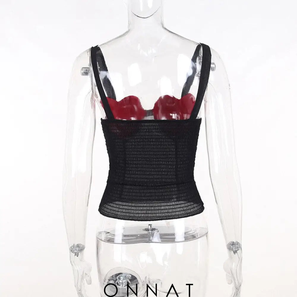 Red Heart Bustier Black Mesh Top Shirts