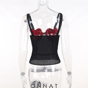 Red Heart Bustier Black Mesh Top Shirts