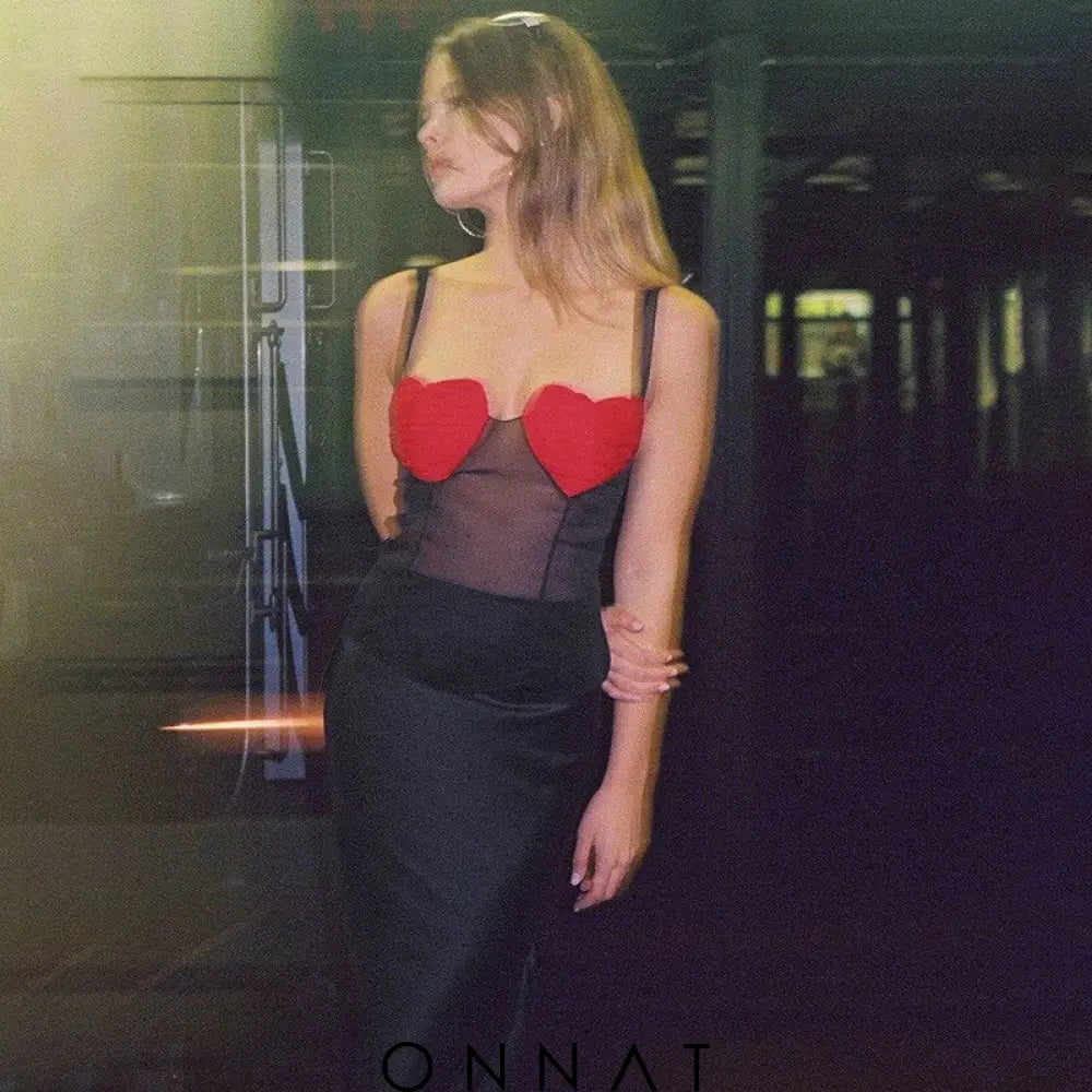 Red Heart Bustier Black Mesh Top Shirts