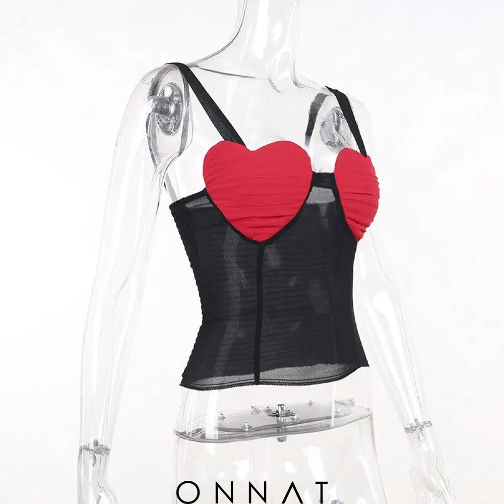 Red Heart Bustier Black Mesh Top Shirts