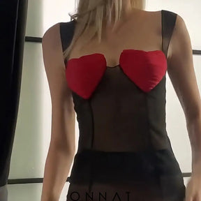 Red Heart Bustier Black Mesh Top Shirts