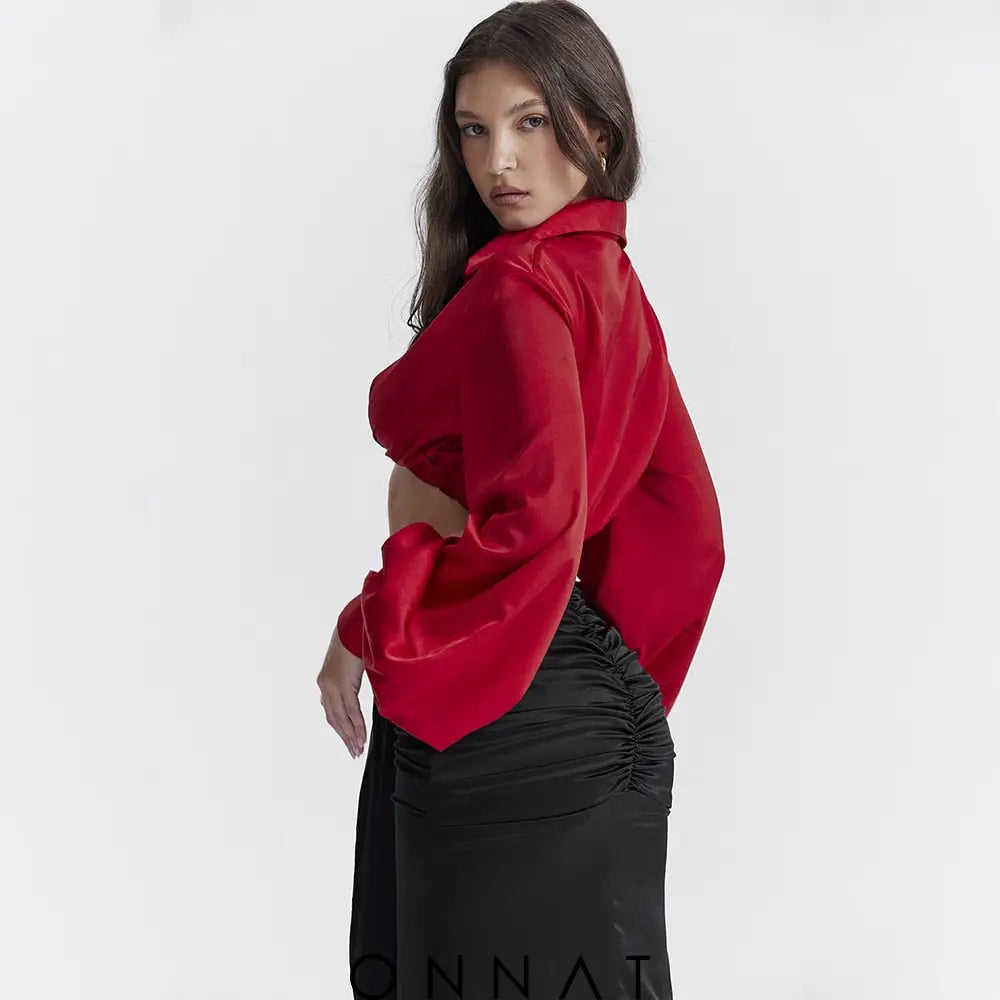 Red Satin Twisted Cropped Shirt Shirts