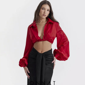 Red Satin Twisted Cropped Shirt Shirts