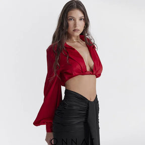 Red Satin Twisted Cropped Shirt Shirts