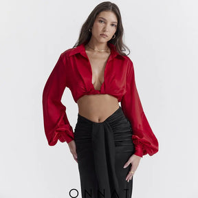 Red Satin Twisted Cropped Shirt Shirts