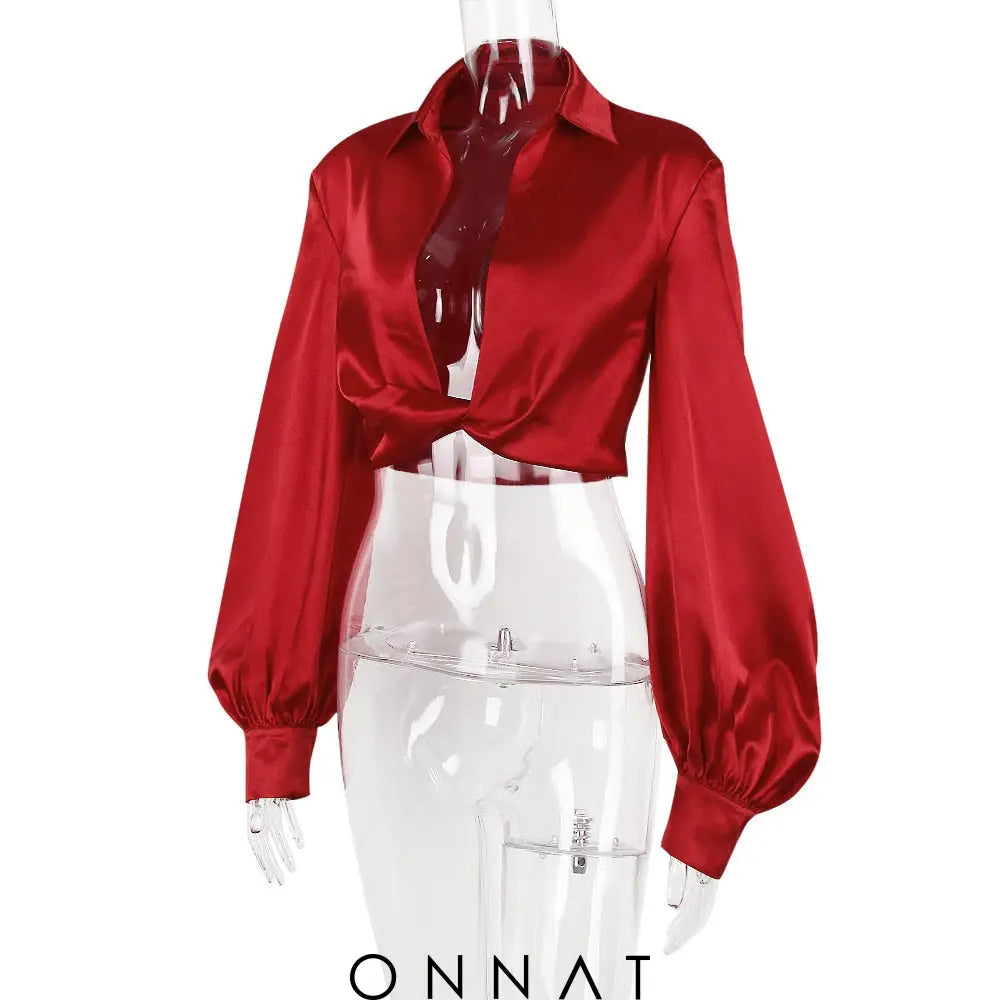 Red Satin Twisted Cropped Shirt Shirts