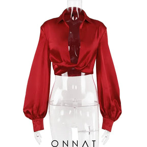 Red Satin Twisted Cropped Shirt Shirts