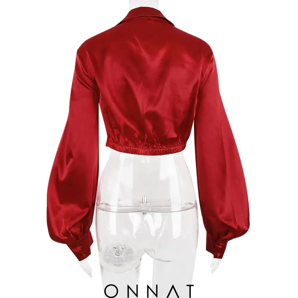 Red Satin Twisted Cropped Shirt Shirts