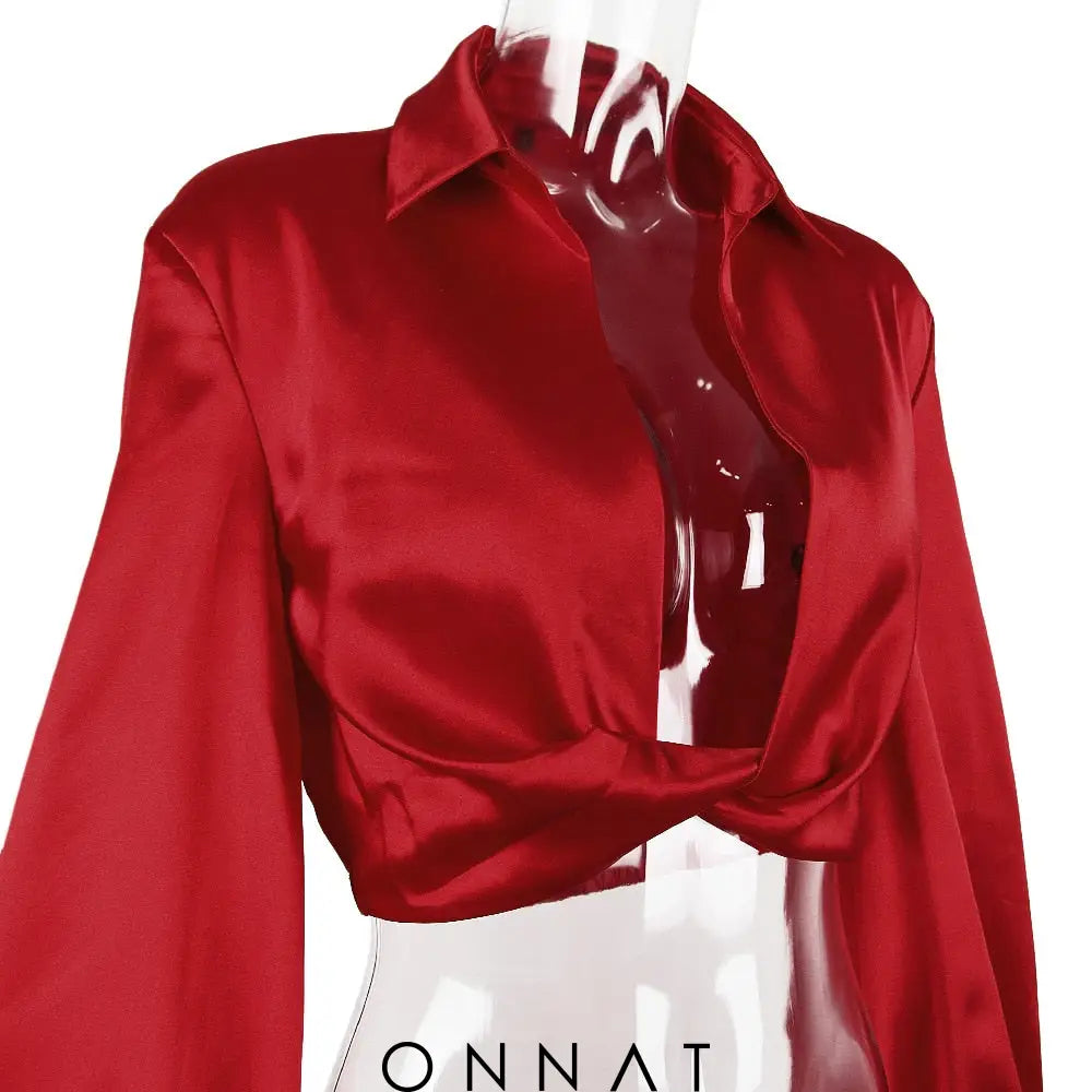 Red Satin Twisted Cropped Shirt Shirts