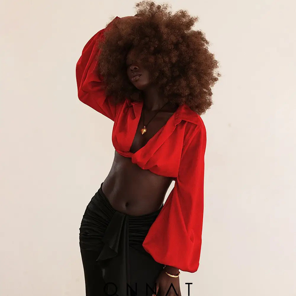 Red Satin Twisted Cropped Shirt Shirts