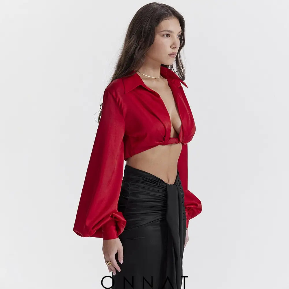 Red Satin Twisted Cropped Shirt Shirts