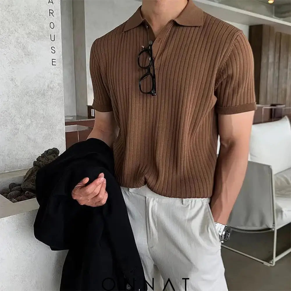 Retro Knitting Lapel Stripe Polo Shirt Brown / M Menswear