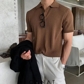 Retro Knitting Lapel Stripe Polo Shirt Brown / M Menswear